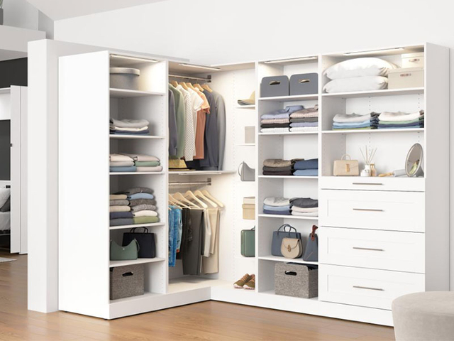 American luxury apartment white minimalist walk-in closet